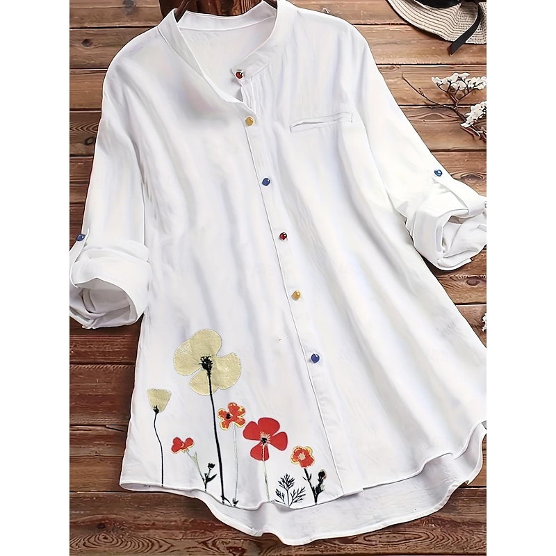 Women's Plus Size Blouse Flower Casual Long Sleeve Shirt Collar Regular Tops Daily Print White All Seasons