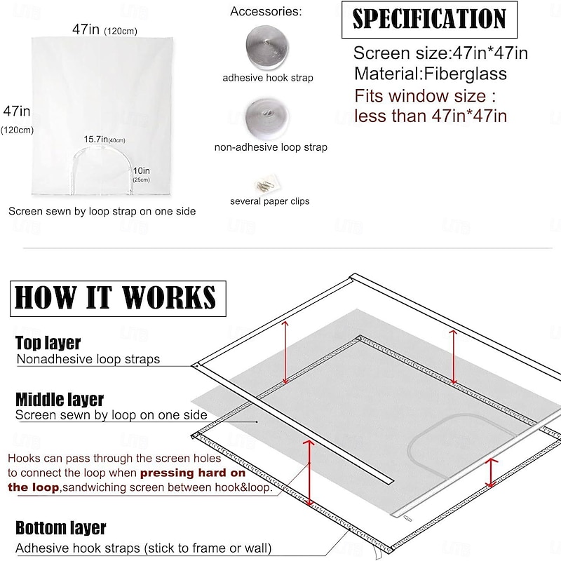 Adjustable DIY Fiberglass Mesh Window Screen with Zipper Opening - Handmade Insect for Pets, Customizable Cut-to-Size Sheet Mesh with Non-Adhesive Loop and Hook Straps4