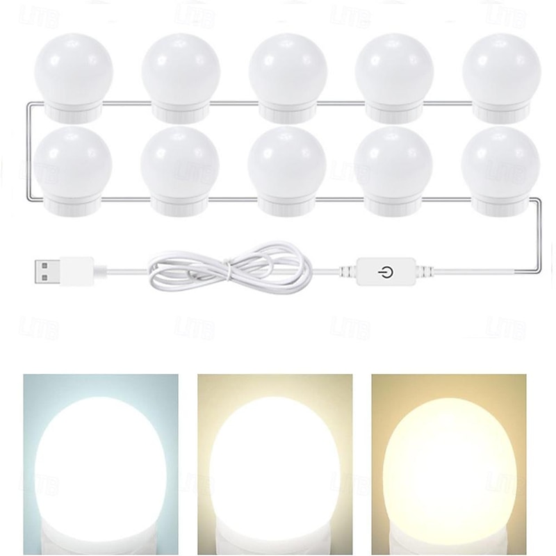LED Vanity Lights for Mirror Vanity Lights Stick on with 10 Dimmable Bulbs 3000K 4000K 6500K  3 Color Modes Dimmable Brightness USB Cable Stick up for Dressing Table Bathroom Body Wall Mirror Ligh