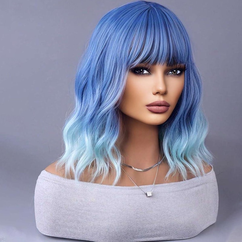Short Bob Blue Wig Short Curly Wavy Wig With Bangs for Women Heat Resistant Synthetic Hair Wigs Halloween Cosplay Party Wigs3