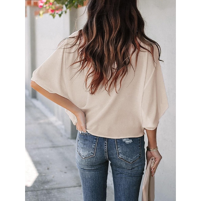Women's Blouse Dressy Tops Elegant Stylish Solid Color Ruched Batwing Sleeve 3/4 Length Sleeve Regular Tops Cowl Neck Work Daily Black White Yellow Pink Sky Blue Summer Spring Fall4