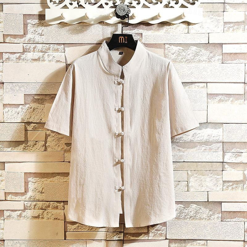 Men's Shirt Chinese Collar Shirt Mandarin Collar Shirt Summer Shirt Casual Shirt Beach Shirt Black White Blue khaki Short Sleeve Plain Mandarin Collar Vacation Holiday Clothing Apparel Polyester3