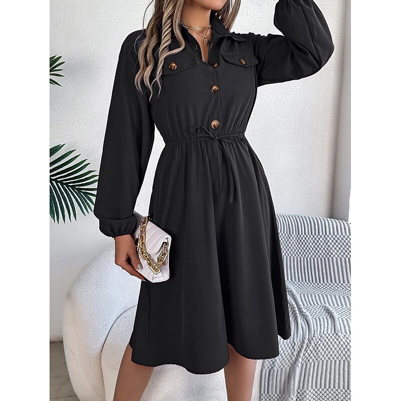 Women's Work Dress Satin A Line Dress Fashion Office Midi Dress Button Pocket Shirt Collar Long Sleeve Plain Regular Fit Black Wine Khaki Spring Fall S M L XL4