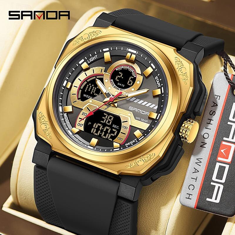 SANDA 3356 Men's Electronic Quartz Watch Multifunctional Waterproof Alarm Clock Calendar Student Fashion Square Sports Watches