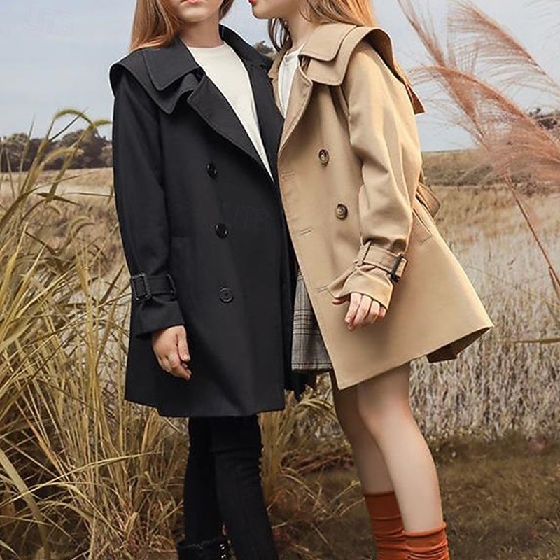 Kids Girls' Trench Coat Coat Outerwear Solid Color Streetwear Pocket Vacation Coat Outerwear 4-12 Years Spring Black Khaki2