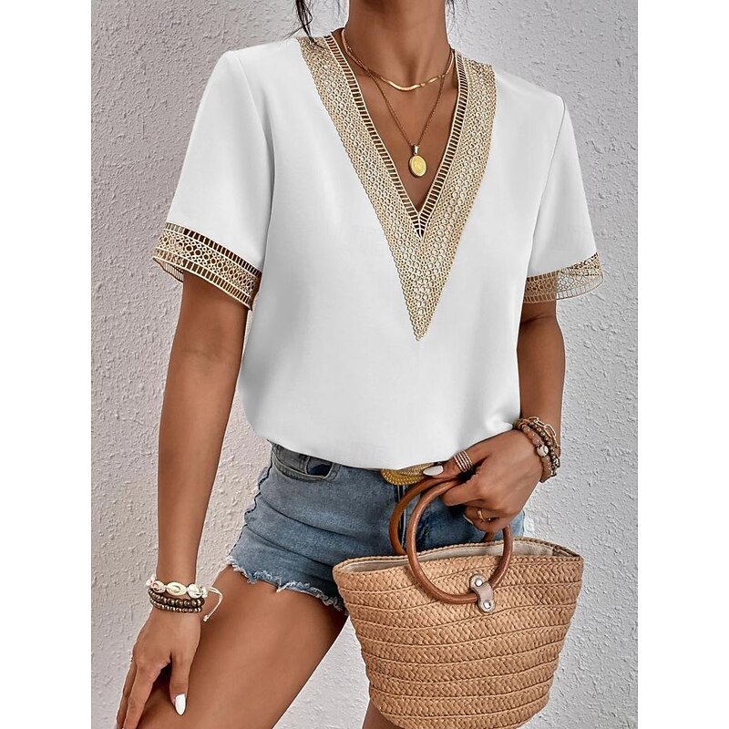 Women's Elegant Lace Tops Eyelet Blouse Lace Work Stylish Modern Short Sleeve Romantic Petite Tops Summer Holiday Wear Black Summer Spring Semi Formal Blouses3