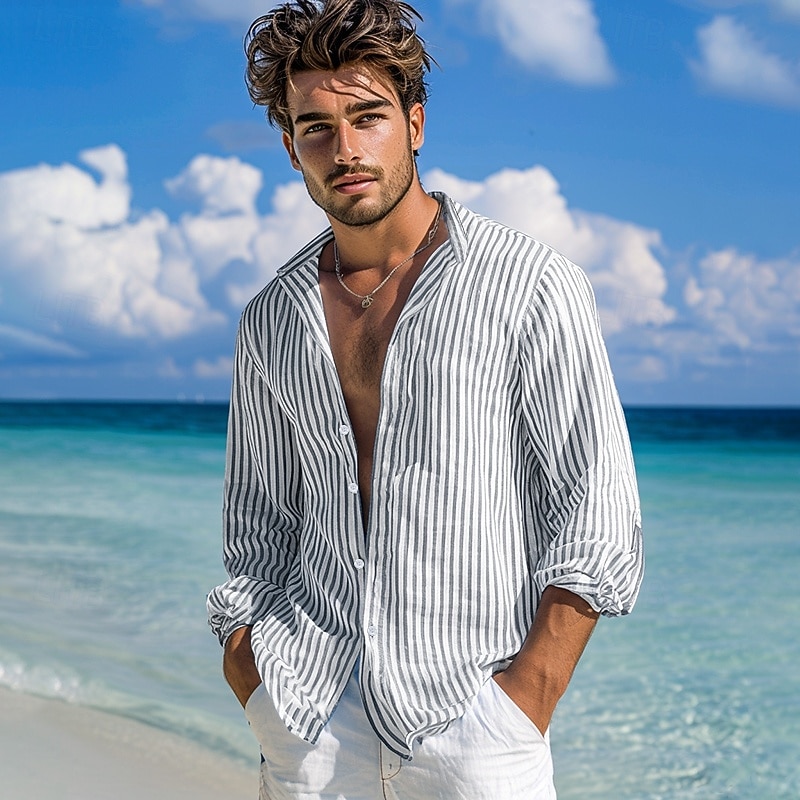 Men's Shirt Summer Shirt Beach Wear Button Up Shirt Casual Shirt Striped Shirt Pink Green Dark Gray Light Blue Long Sleeve Plain Band Collar Daily Vacation Splice Clothing Apparel Fashion Casual4