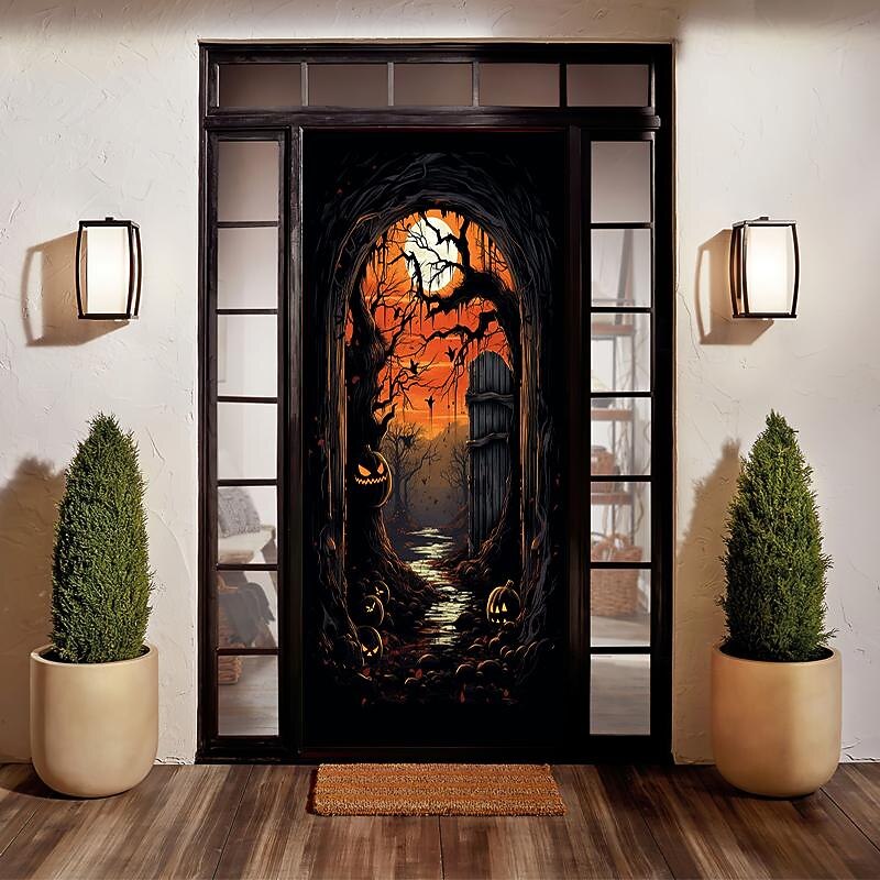 Halloween Door Decorations Halloween Door Covers Door Tapestry Pumpkins Forest Door Curtain Decoration Backdrop Door Banner for Front Door Farmhouse Holiday Party Decor Supplies 20