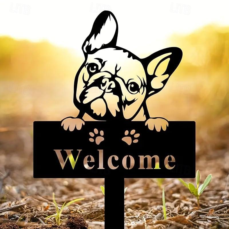 Metal Cat & Butterfly Yard Iron Art Insert French Bulldog Yard Garden Stakes Welcome Yard Sign. French Bulldog Decor4