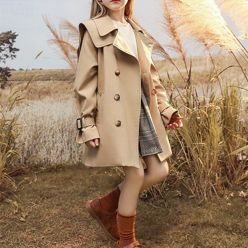 Kids Girls' Trench Coat Coat Outerwear Solid Color Streetwear Pocket Vacation Coat Outerwear 4-12 Years Spring Black Khaki3