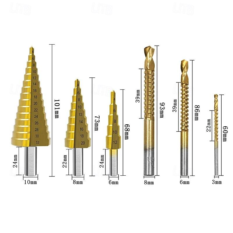 High-speed Reaming Pagoda Sawtooth Set 6Pcs Step Drill Bits Saw Drill Set HSS Titanium Milling Cutter for Woodworking Metal Core Hole Opener 4-12 4-20 4-32mm 3 6 8mm3
