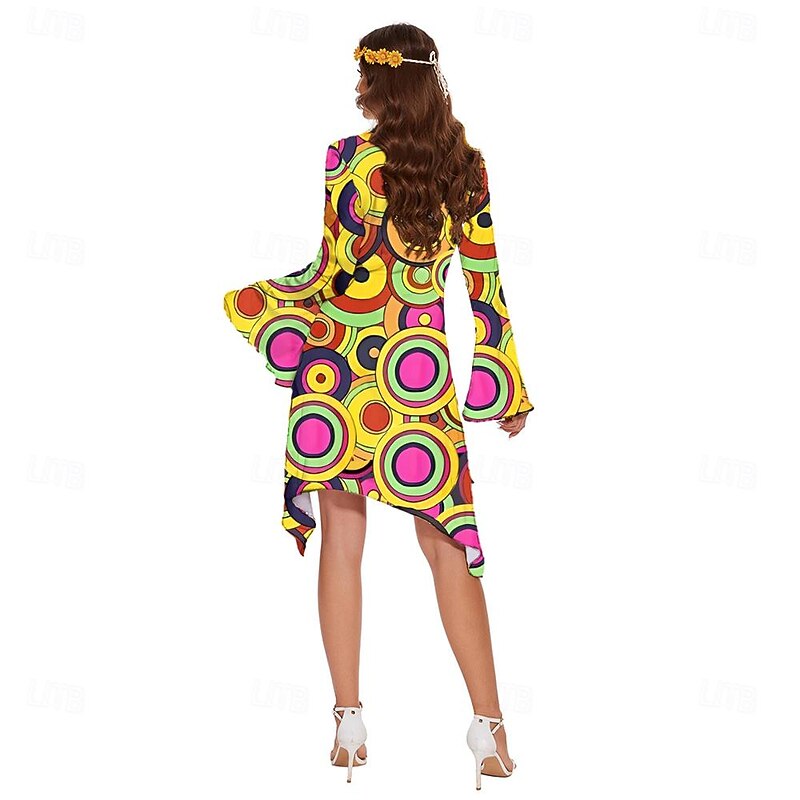 Retro Vintage 1970s 70s Fancy Dress Women Bell Sleeve Hippie Disco Graphic Round Neck Fancy Dress Women's Halloween Carnival Masquerade Party Daily Wear Pride Parade Adults' Dress All Seasons4