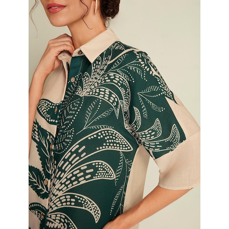 Leaf Print Half Sleeve Midi Shirt Dress3