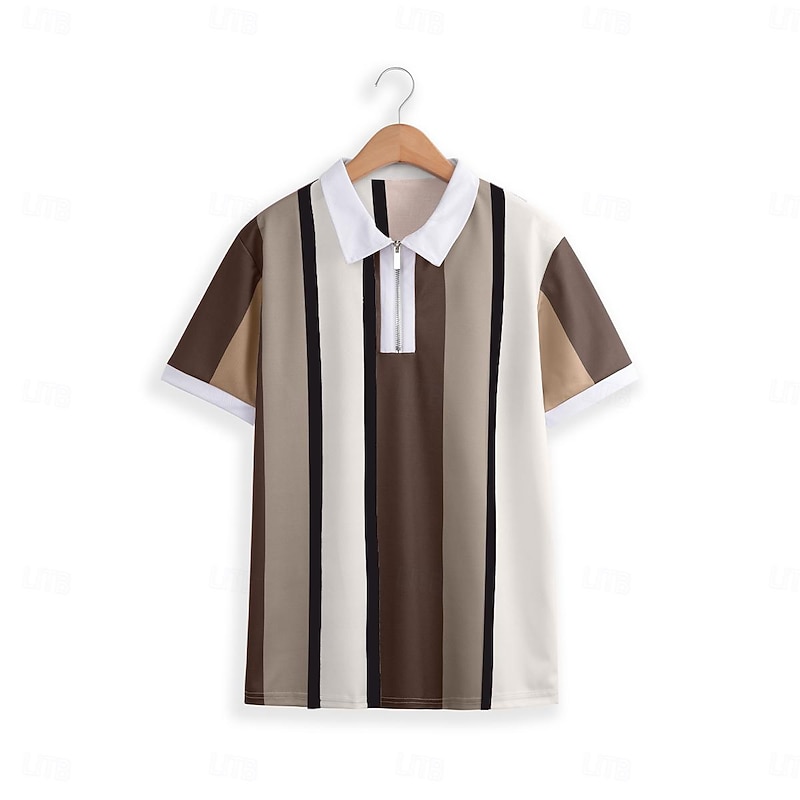 Men's Golf Shirt Polo Casual Quarter Zip Short Sleeve Fashion Casual Striped Zipper Summer Spring Regular Fit Black White Yellow Pink Royal Blue Blue Golf Shirt3