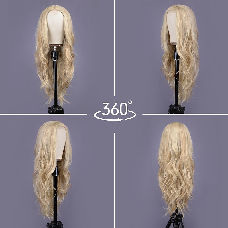 Mixed Blonde Long Wave Wig for Women -26inch Middle Part Long Curly Wig Heat Resistant Synthetic Hair Looking Natural, Fiber Wig for Daily Party Use Halloween Wigs2