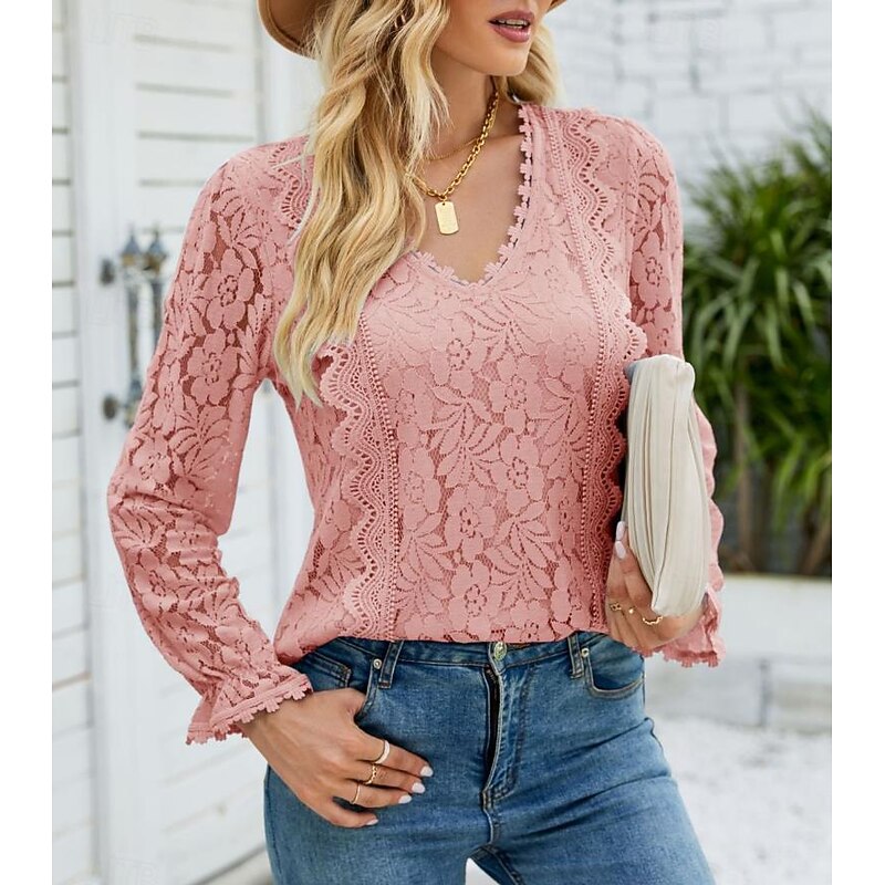 Women's Elegant Lace Tops Eyelet Blouse Elegant Solid Color Lace Eyelet Lantern Sleeve Long Sleeve V Neck Daily Romantic Petite Tops Summer Holiday Wear Pink Sky Blue Green Beige Summer 13