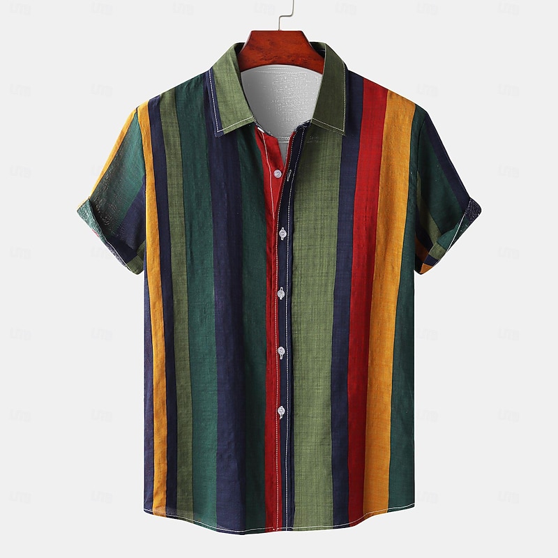 Men's Striped Geometric Pattern Button Up Shirt Short Sleeve Vintage Casual Vacation Daily Hawaiian Summer Spring Collared Shirts Button Up 3D Print Light Green Blue Purple Green