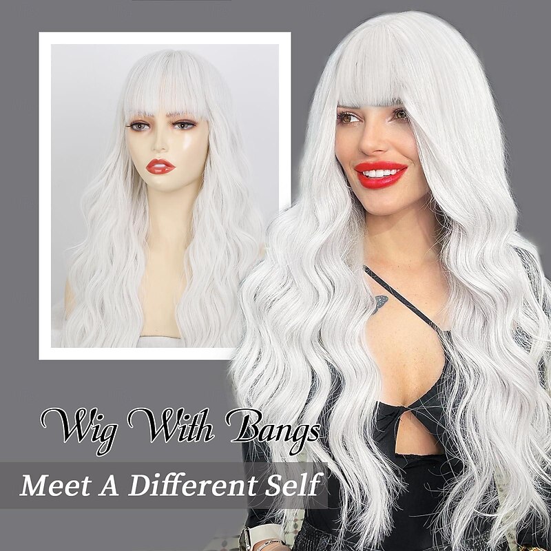 Wig With Bangs Long Wavy Wig For Women Wigs Synthetic Curly wig Natural Looking Heat Resistant Hair For Daily Party Cosplay Use 26 Inches Halloween Wigs4