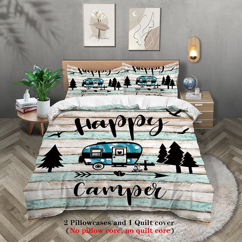 Cartoon Camping RV Print Duvet Cover Set - Includes Duvet Cover and Pillowcases - Fun and Whimsical Design - Soft and Comfortable Fabric - Perfect for Adventurous Bedroom Decor - Easy to Clean and Maintai