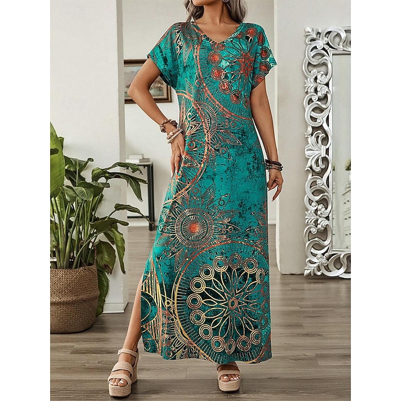 Women's Maxi Dress Sundress Shift Dress A Line Dress Casual Drop Shoulder Daily Loose Fit Graphic Short Sleeve V Neck Blue Green Summer3