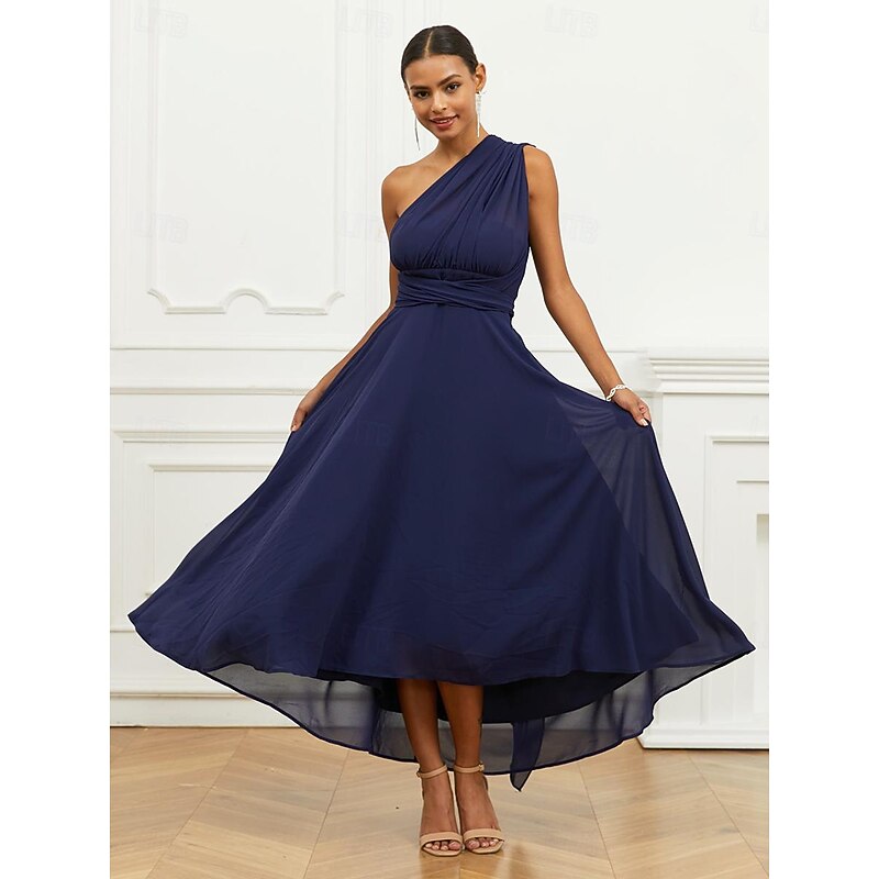 Women's Wedding Guest Cocktail Dress A Line Midi Chiffon Ruched Belted Elegant Formal One Shoulder Sleeveless Dress Navy Blue Color3