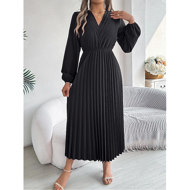 Women's Work Dress Satin A Line Dress Fashion Office Long Dress Maxi Dress Pleated V Neck Long Sleeve Plain Regular Fit Black Wine Brown Spring Fall S M L XL4