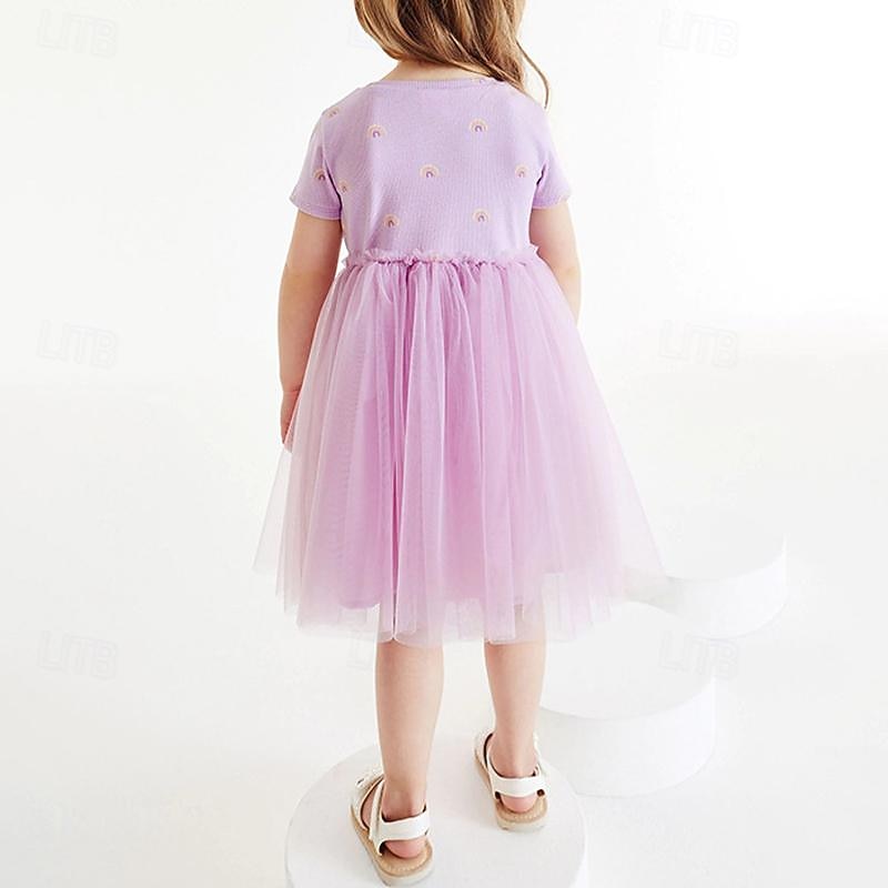 Girls' 3D Rainbow Dress Short Sleeve Summer Vacation Daily Holiday Princess Beautiful Sweet Kids 4-7 Years Casual Dress A Line Dress Knee-length Regular Fit3