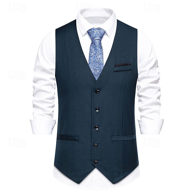 Men's Vest Gilet Daily Wear Vacation Going out Vintage Fashion Spring &  Fall Button Polyester Comfortable Plain Single Breasted V Neck Regular Fit Black Burgundy Dark Navy Sky Blue Vest2