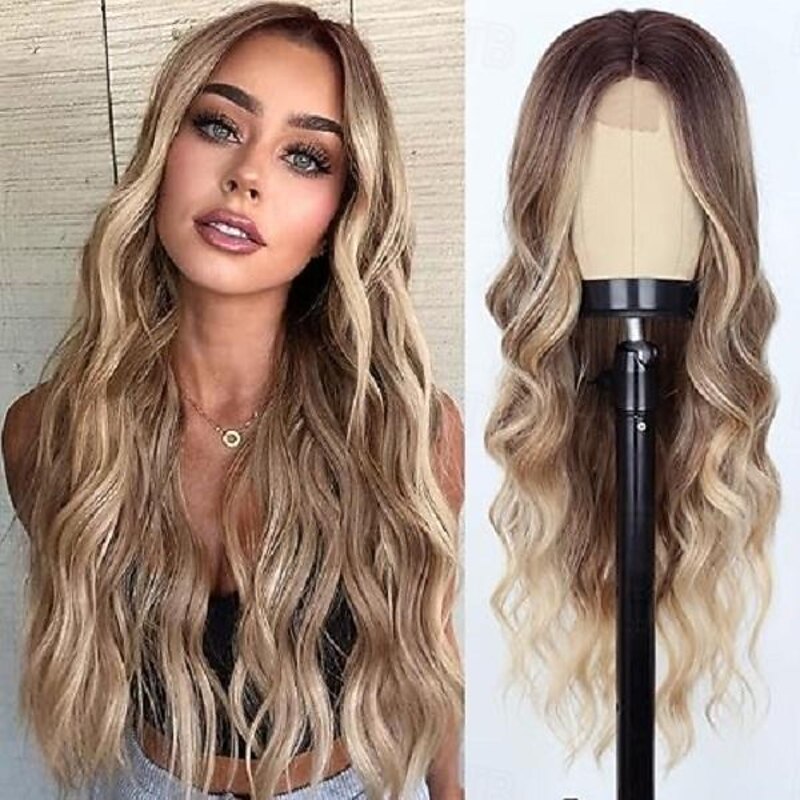 Long Wavy Wig for Women Curly Hair Wig with Middle Part Synthetic Curly Long Wigs Halloween Cosplay Party Wigs