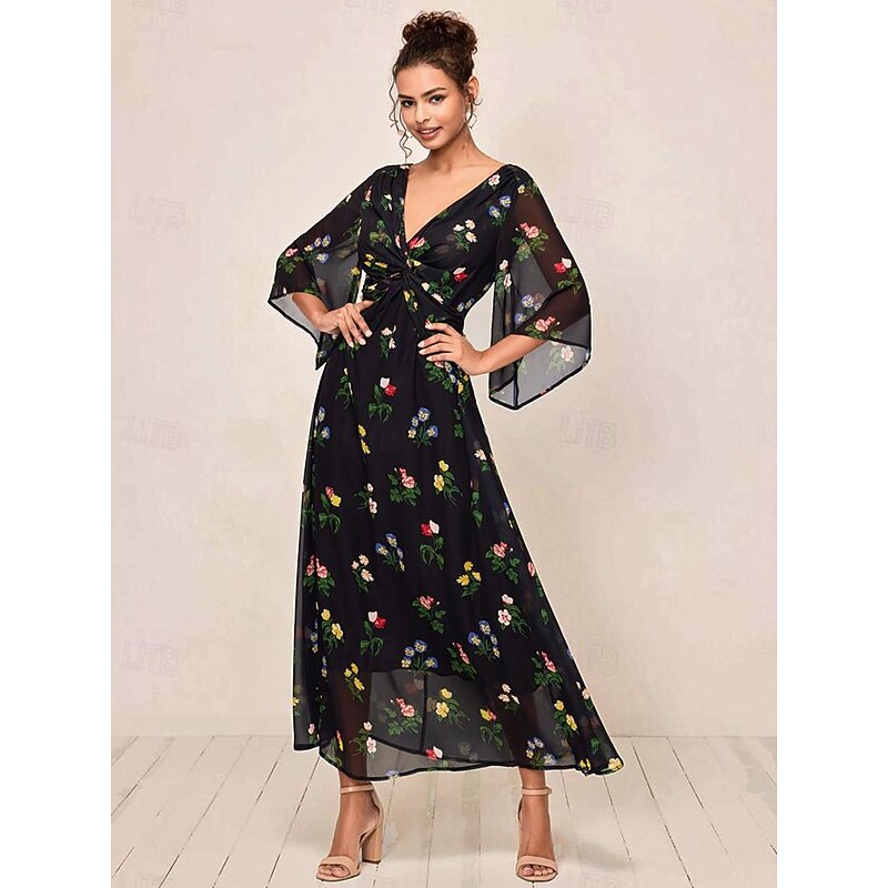 Women's Maxi Dress A Line Dress Elegant Stylish Flared Sleeve Wedding Guest Daily Cocktail Party Regular Fit Floral 3/4 Length Sleeve V Neck Black Summer Fall3