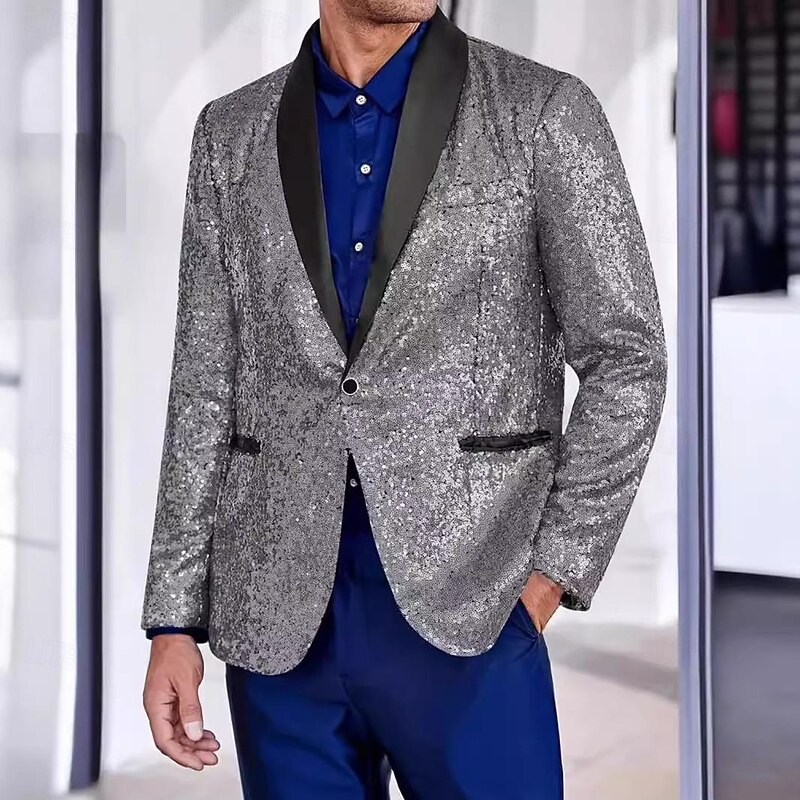 Male Blazer Birthday Party Party & Evening Sweet Fall & Winter Sequined Sequin Shimmery Wedding Single Breasted Blazer Silver Purple Gold