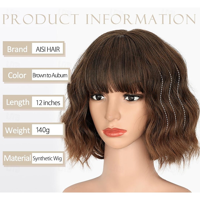 Brown to Auburn Wigs With Bangs Short Wavy Bob Wig for Women Synthetic Short Curly Wave Wigs Heat Resistant Fiber Hair Wigs for Daily3