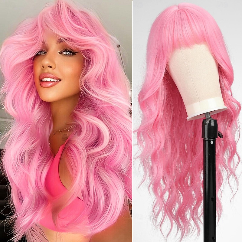Long Pink Wavy Wigs for Women Wig with Bangs Natural Curly Synthetic Wig for Party Cosplay Daily Use
