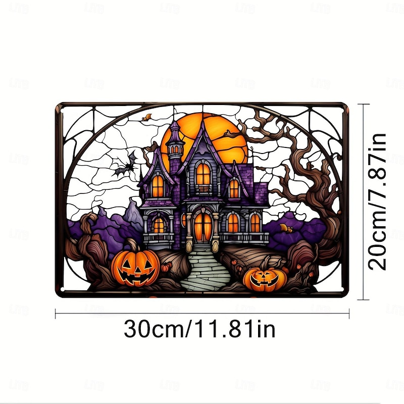 Halloween Haunted House Castle and Pumpkin Head Acrylic Wall Hanging - Spooky Home Decor for Windows, Doors, and Porch Walls4