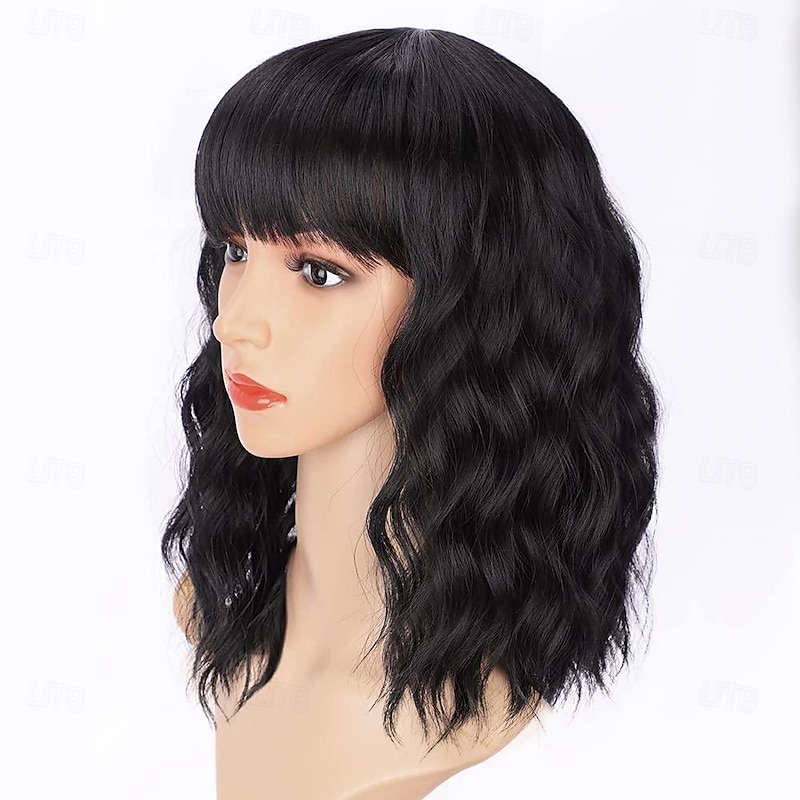 Bob Curly Wig Synthetic Short Black Wig with Bangs Natural Looking Heat Resistant Fiber Hair for Women2