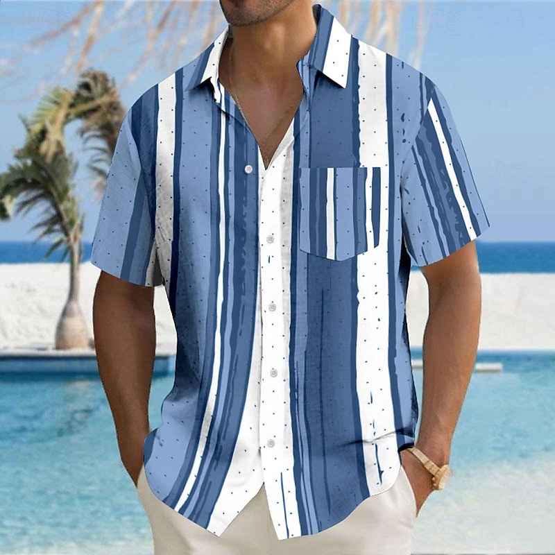 Men's Striped Geometric Pattern Button Up Shirt Printed Shirts Short Sleeve Hawaiian Resort Outdoor Business / Ceremony / Wedding Summer Turndown Print Button-Down Yellow Pink Blue Gray
