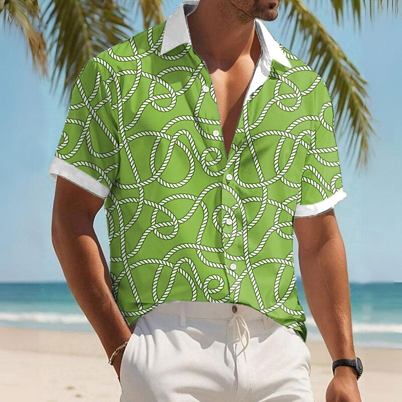 Men's Geometric Lines / Waves Geometric Pattern Button Up Shirt Printed Shirts Short Sleeve Casual Outdoor Vacation Daily Summer Turndown Print Button-Down Yellow Blue Green4