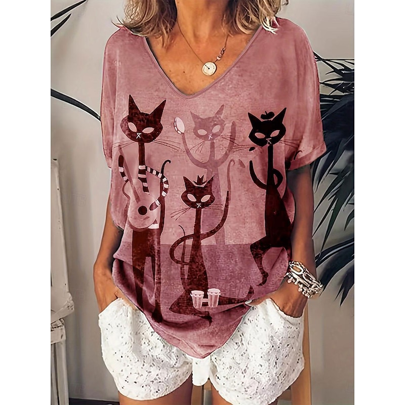 Halloween Women's T shirt Black Cat Casual Print Short Sleeve Regular Tops V Neck Daily Red Blue Green Summer4