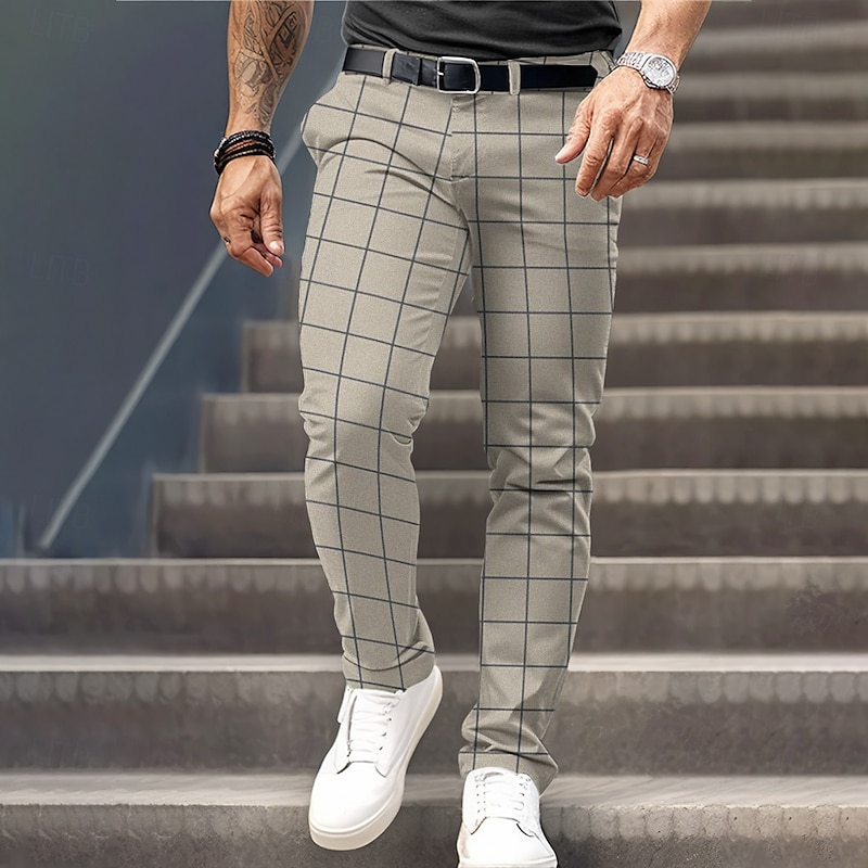 Men's Plaid Dress Pants Mid Waist Business Casual Formal Dailywear Zipper Pocket Summer Spring Fall 3D Print Brown Gray