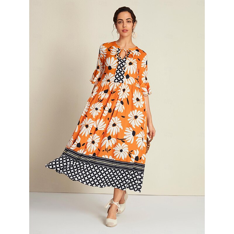 Satin Geometric Mid Waist 3/4 Length Sleeve Standing Collar V Neck Maxi Dress4