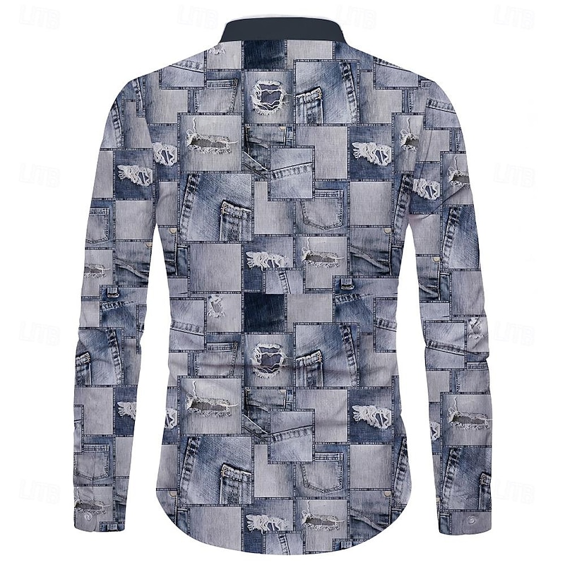 Men's Shirt Button Up Shirt Long Sleeve Vintage Casual Vacation Daily Summer Spring & Fall Grandad Collar Band Collar Button Up 3D Print Blue3