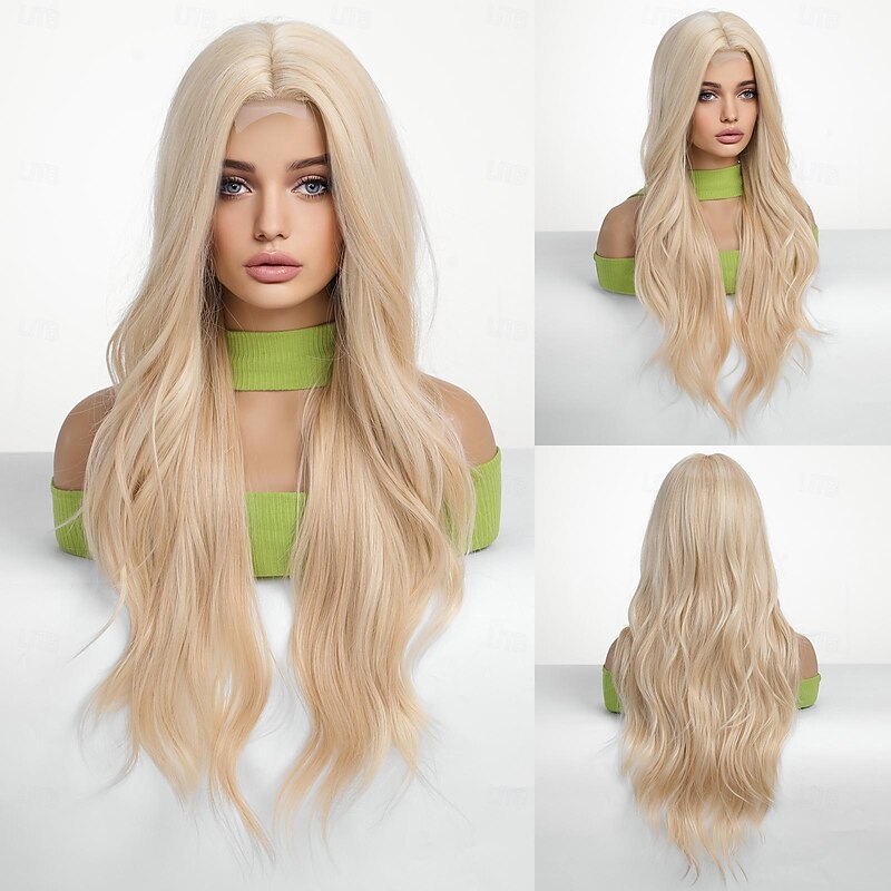 Synthetic Lace Wig Curly Style 28 inch Blonde Middle Part U Part Wig Women's Wig Light golden