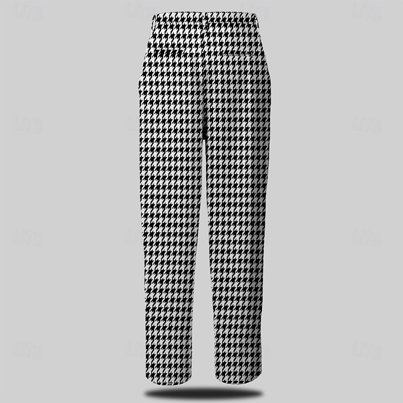 Men's Houndstooth Dress Pants Mid Waist Business Casual Formal Dailywear Zipper Pocket Summer Spring Fall 3D Print Black2