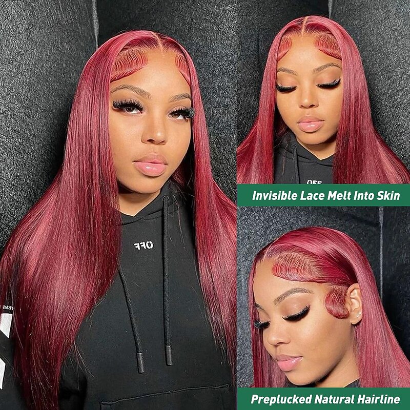Remy Human Hair 13x4 Lace Front Wig Free Part Vietnamese Hair Body Wave Natural Straight Burgundy Wig 150% Density with Baby Hair Glueless Pre-Plucked For wigs for black women Long Human Hair Lace Wig3