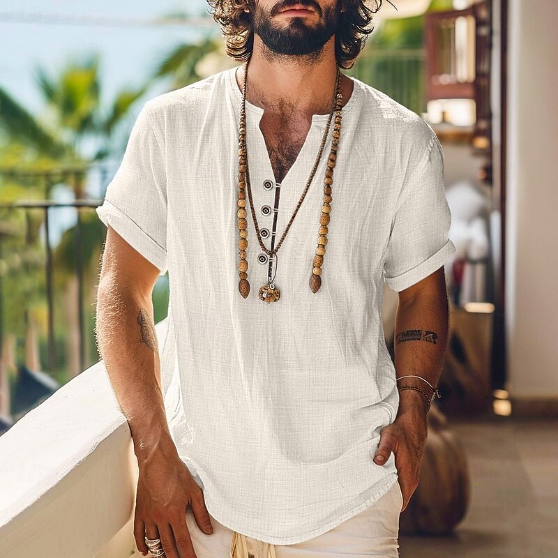 Men's Shirt Linen Shirt Summer Shirt Beach Shirt Solid Color Vacation Curise Black Beige Short Sleeve Band Collar Summer Spring Clothing Apparel Buttons