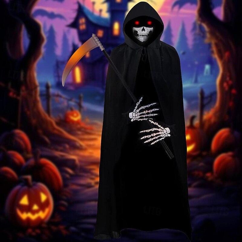 Halloween Grim Reaper Costume Skeleton Skull Outfits 4 PCS Cape with Hood Cloak Plastic Scythe Skull Mask Easy Halloween Costumes Carnival for Men Adults
