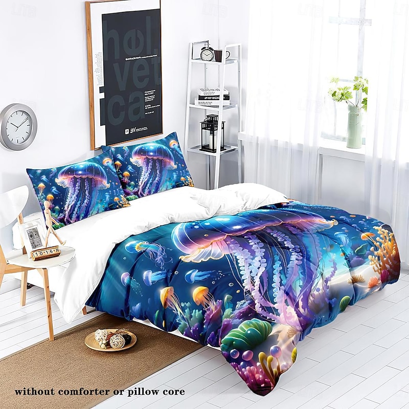 Underwater Ocean Dream Jellyfish Duvet Cover - Enchanting Marine Life Design - Soft and Comfortable Fabric - Perfect for Adding a Mystical Touch to Your Bedroom Decor - Easy to Wash and Maintain3