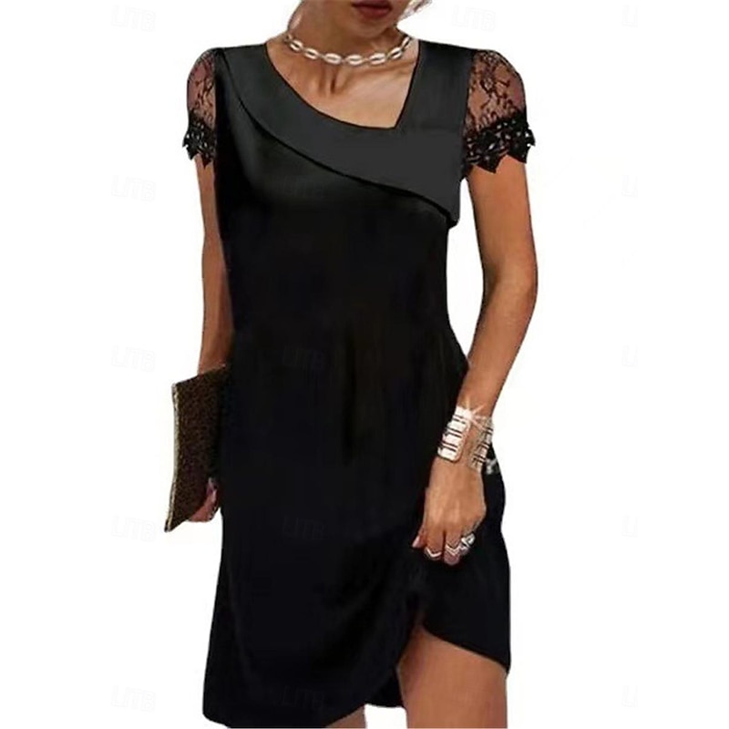 Women's Black Dress Mini Dress Lace Patchwork Date Streetwear Basic V Neck Short Sleeve Black Color3