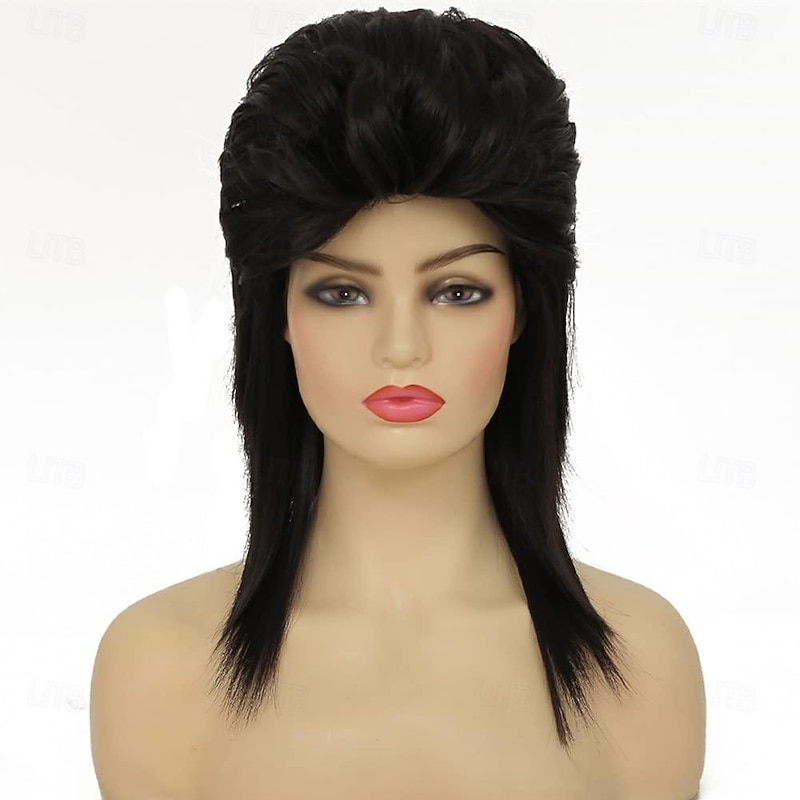Black Mullet Wigs for Women Curly Shoulder Length Fluffy Hair 70s 80s Rocker Party Cosplay Synthetic Wigs (Black) Halloween Wigs