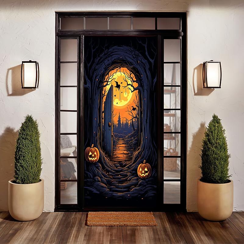Halloween Door Decorations Halloween Door Covers Door Tapestry Pumpkins Forest Door Curtain Decoration Backdrop Door Banner for Front Door Farmhouse Holiday Party Decor Supplies 15